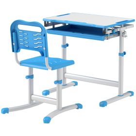 Qaba eight Adjustable Kids Desk and Chairs Set with Tilt Desktop, Storage Drawer, Pen Slot, Hook, Blue