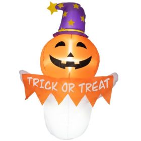 Outsunny 3.4ft Halloween Inflatables Window Sticker Ghost With Orange Face, Blow Up Halloween Decorations Outdoor LED Yard Display, Waterproof (Color: Orange)